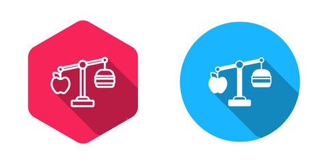 Fototapeta premium Filled and outline Calorie calculator icon isolated on isolated with long shadow background. Calorie count. Diet. Weight loss. Portion control. Healthy eating. Dietary nutrition. Vector