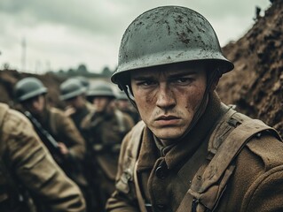 Fototapeta premium Soldier in Trenches: A gritty portrait of a war-weary soldier amidst the harsh reality of trench warfare.