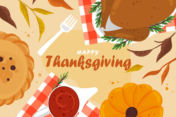 Playful autumn-themed illustration for Thanksgiving featuring hand-drawn fall icons and soft-toned background.