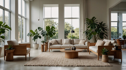 Scandinavian minimalist living room gray couch wooden furniture tropical plants beige earth tones natural light bright airy decor cozy space premium interior design photo