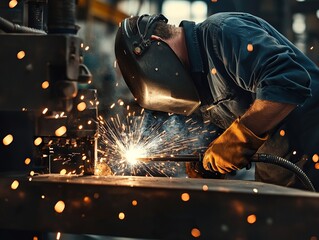 Welder at work: Sparks flying as a worker focuses on joining metal in a factory setting. Hard work pays.