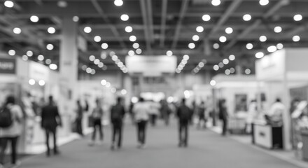 Obraz premium Blurred Black and White Image of People Walking Through a Busy Trade Show or Convention Center