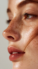 Fototapeta premium Close-up of a woman's face, showcasing freckles, lips, and eye, highlighting skin texture and natural beauty, ideal for beauty or cosmetic advertisement