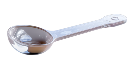 Empty white plastic measuring spoon on transparent background
