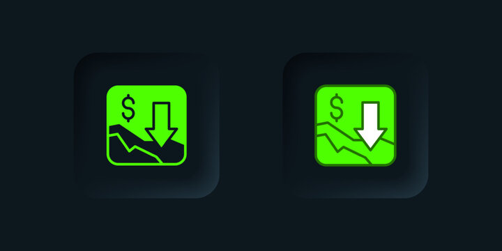 Green Financial growth decrease icon isolated on black background. Increasing revenue. Black square button. Vector