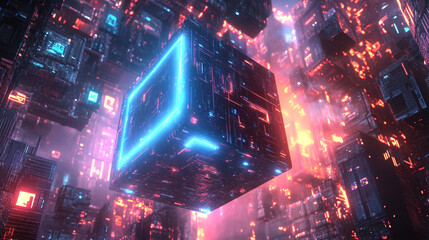 Obraz premium Neon Glowing Metallic Floating Cube With Dark Blue Edge Donzb