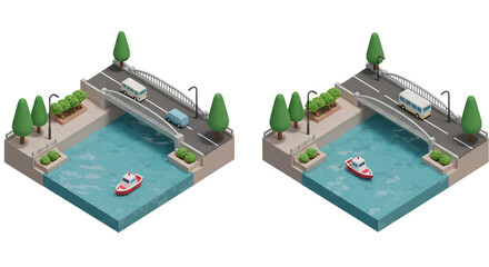 Isometric Bridge Scene: 3D Render with River and Vehicles