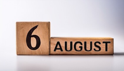 Minimalist photo of wooden blocks with date 6 August. Day and month, calendar on white background