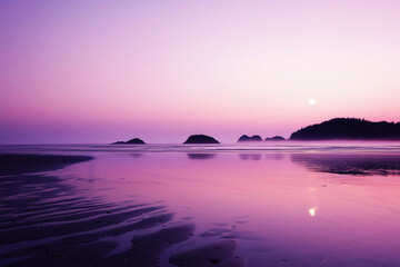 AI Image. Mysterious tranquil beach at sunset