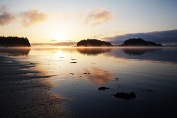 AI Image. Serene sunset beach in golden hour