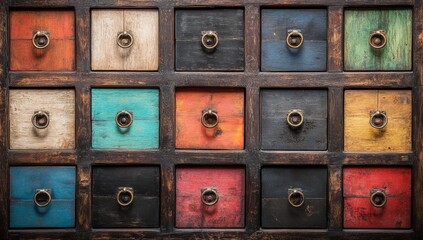 Colorful wooden drawers in a grid pattern