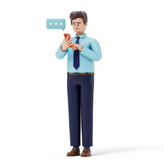 A man looks at his phone with a speech bubble, symbolizing communication or texting. 3D rendering, conceptual image. Isolated on white background.