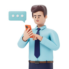 A man looks at his phone with a speech bubble, symbolizing communication or texting. 3D rendering, conceptual image. Isolated on white background.