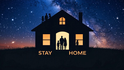 Family silhouette embracing home under starry night