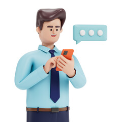 A man looks at his phone with a speech bubble, symbolizing communication or texting. 3D rendering, conceptual image. Isolated on white background.
