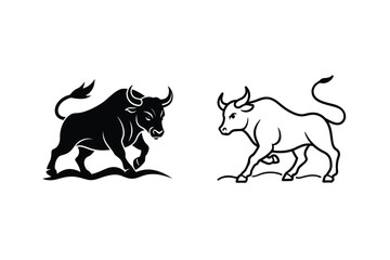 Strong Bull Silhouette And Outline Vector Illustrations On White Background