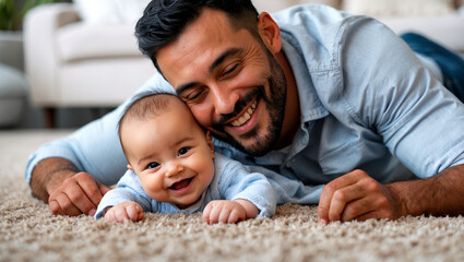 Obraz na płótnie Canvas Father and baby enjoying joyful moments on carpet