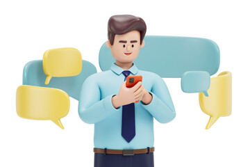 A man uses a smartphone with speech bubbles, symbolizing digital communication or social media interaction. 3D rendering, conceptual image. Isolated on white background.