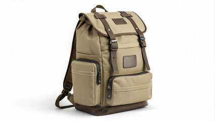 Naklejka premium Vintage-style beige canvas hiking backpack, isolated on white for e-commerce, adventure travel gear websites, back-to-school promotions and outdoor lifestyle branding