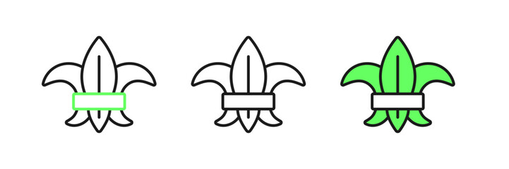 Set line Fleur de lys or lily flower icon isolated on white background. Vector