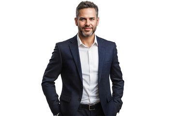 Confident young businessman with beard in navy blue suit and white shirt isolated on transparent background