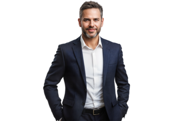 Confident young businessman with beard in navy blue suit and white shirt isolated on transparent background