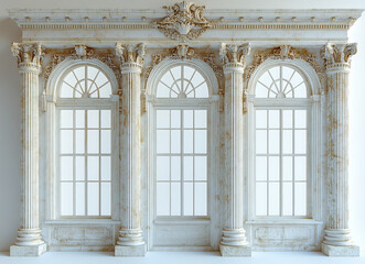 Naklejka premium Ornate Classical Architecture with Corinthian Columns and Arched Windows on White Background