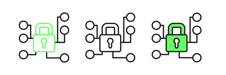 Set line Cyber security icon isolated on white background. Closed padlock on digital circuit board. Safety concept. Digital data protection. Vector