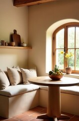 Fototapeta premium Mediterranean kitchen nook with built-in seating and wooden table