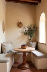 Mediterranean kitchen nook with built-in seating and wooden table