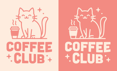 Coffee club cat lovers pink kawaii groovy Korean Japanese aesthetic pet friendly cafe shop logo. Cute kitten girly retro vintage preppy illustration printable text poster sign girl shirt design.