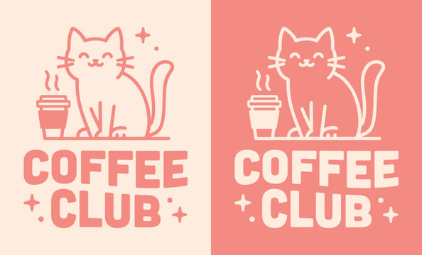 Coffee club cat lovers pink kawaii groovy Korean Japanese aesthetic pet friendly cafe shop logo. Cute kitten girly retro vintage preppy illustration printable text poster sign girl shirt design.
