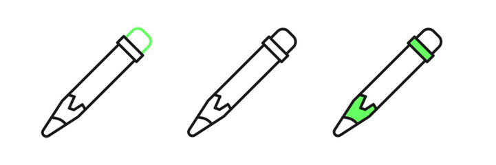 Set line Pencil with eraser icon isolated on white background. Drawing and educational tools. School office symbol. Vector