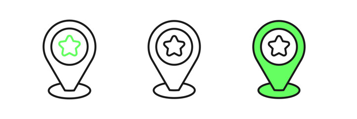 Set line Map pointer with star icon isolated on white background. Star favorite pin map icon. Map markers. Vector
