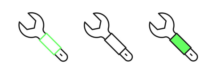 Set line Wrench spanner icon isolated on white background. Spanner repair tool. Service tool symbol. Vector