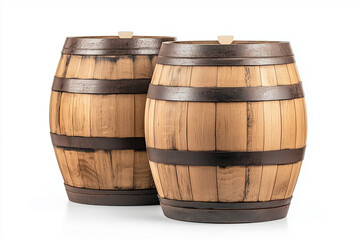 Two wooden storage barrels with metal hoops on wooden stands