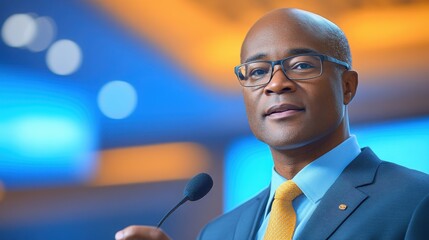 A confident male speaker presents insights at a corporate business conference in an engaging atmosphere