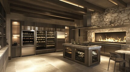 A Luxurious Modern Kitchen Featuring Fireplace Wine Storage and Island
