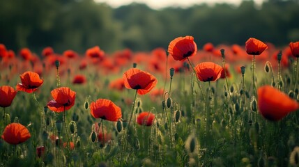 Obraz premium Lush poppy field at sunset. Vibrant red poppy flowers bloom in a vast field of green grass under a golden evening sky.