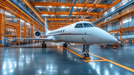 A sleek business jet on the hangar floor, surrounded by maintenance equipment in a busy facility