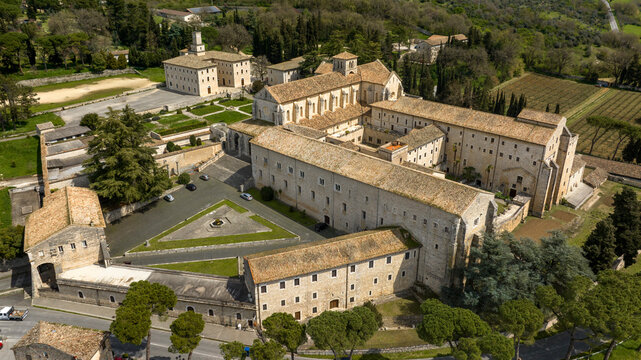 Aerial view of Casamari Abbey located near Frosinone, Lazio, Italy. It is a Cistercian abbey, example of early Italian Gothic architecture in the Burgundian style. It was declared a National Monument.