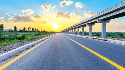 Fototapeta premium Asphalt Road Leading to Sunset with Elevated Highway Bridge