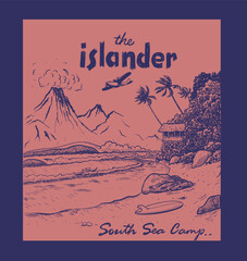 Hawaii volcano island vector art, Aloha surfing beach hand drawn illustration, Summer vacation artwork for t shirt, poster, wall art