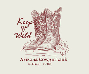 Western cowgirl boots vector art, Vintage Cowgirl  hand drawn illustration, Cowgirl desert artwork for t shirt, poster, wall decoration  