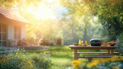 Obraz premium Enjoying a summer backyard party with grill barbecue and a beautifully set wooden table amid vibrant garden scenery