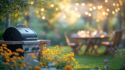Friends gather in a sunny backyard garden, enjoying a barbecue with a wooden table adorned with colorful food and drinks, perfect for summer festivities.