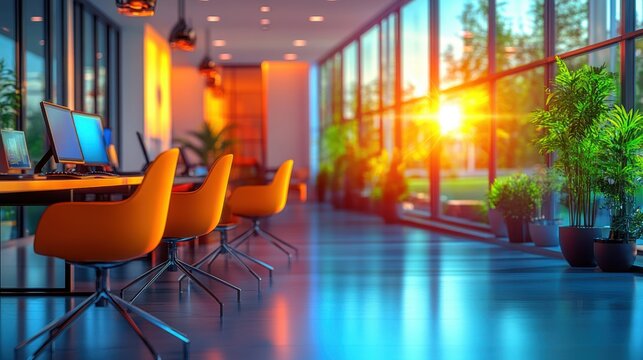 A stylish office setup features a laptop on the desk alongside a coffee cup and a vibrant flower arrangement, all illuminated by warm sunlight in the backdrop.