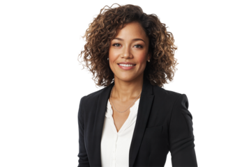 Smiling African American businesswoman in black blazer and white shirt posing confidently shirt isolated on transparent background