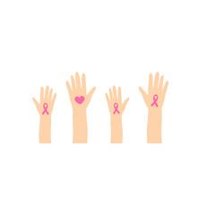 Breast cancer awareness hands. Human hands with pink ribbons support symbol.