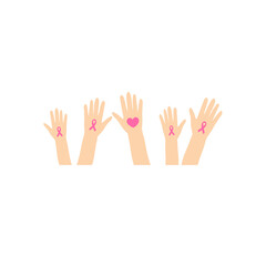 Obraz premium Breast cancer awareness hands. Human hands with pink ribbons support symbol.